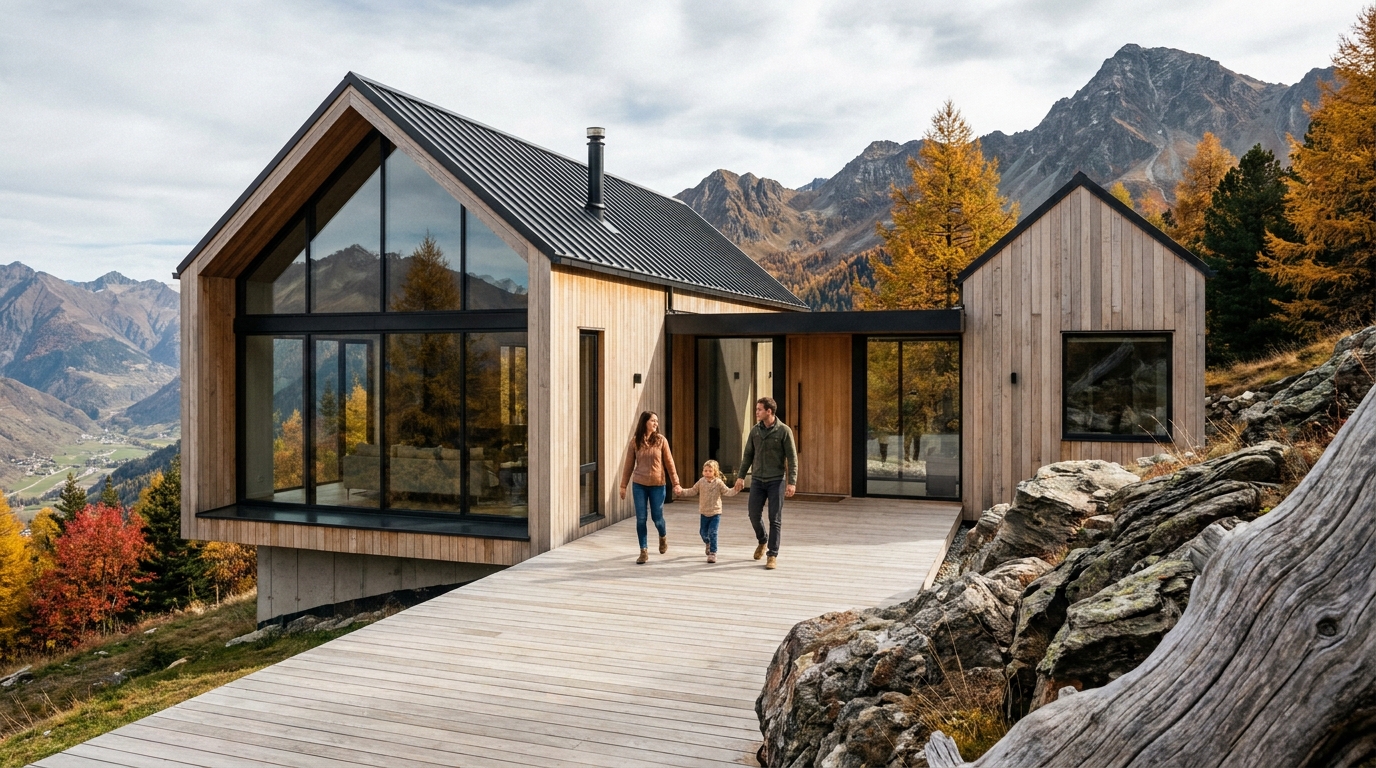 Strome zbocza i surowy mikroklimat to test dla każdej technologii. Nasza bryła oparta na certyfikowanym skandynawskim drewnie C24 z łatwością znosi górskie warunki. Stworzyliśmy bezpieczną, ciepłą przystań dla rodziny w miejscu, w którym tradycyjne metody budowlane generowałyby astronomiczne koszty i wielomiesięczne opóźnienia.