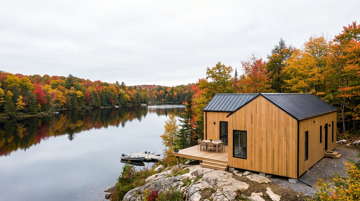 Spojrzenie z lotu ptaka na naszą realizację nad brzegiem jeziora. Dzięki temu, że na działkę przywozimy gotowe elementy, do absolutnego minimum ograniczyliśmy ingerencję w lokalną zieleń. Jasna dębowa elewacja i nowoczesna stodoła idealnie wpisały się w naturalny krajobraz, tworząc luksusowy azyl bez niszczenia otoczenia.
